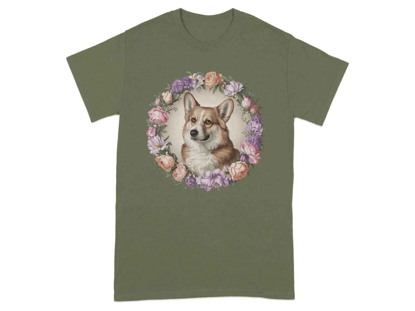 Floral Corgi with Elegant Flowers T-Shirts Military Green T-shirt