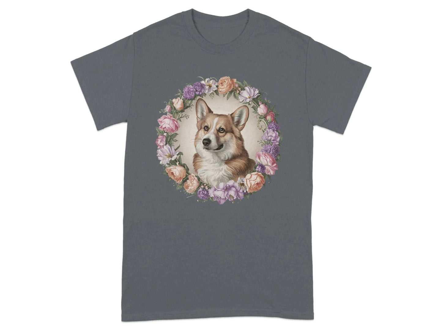 Floral Corgi with Elegant Flowers T-Shirts Charcoal T-shirt
