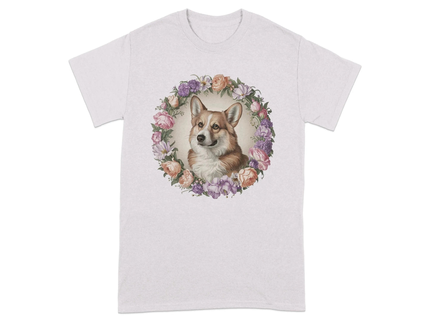 Floral Corgi with Elegant Flowers T-Shirts Ice Grey T-shirt