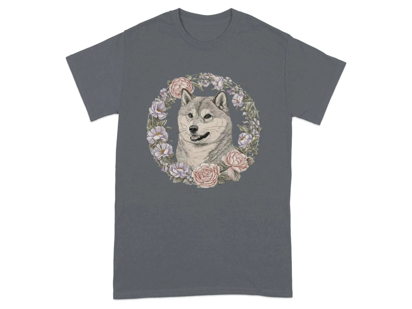 Floral Wreath Shiba Inu T-Shirts Charcoal T-shirt