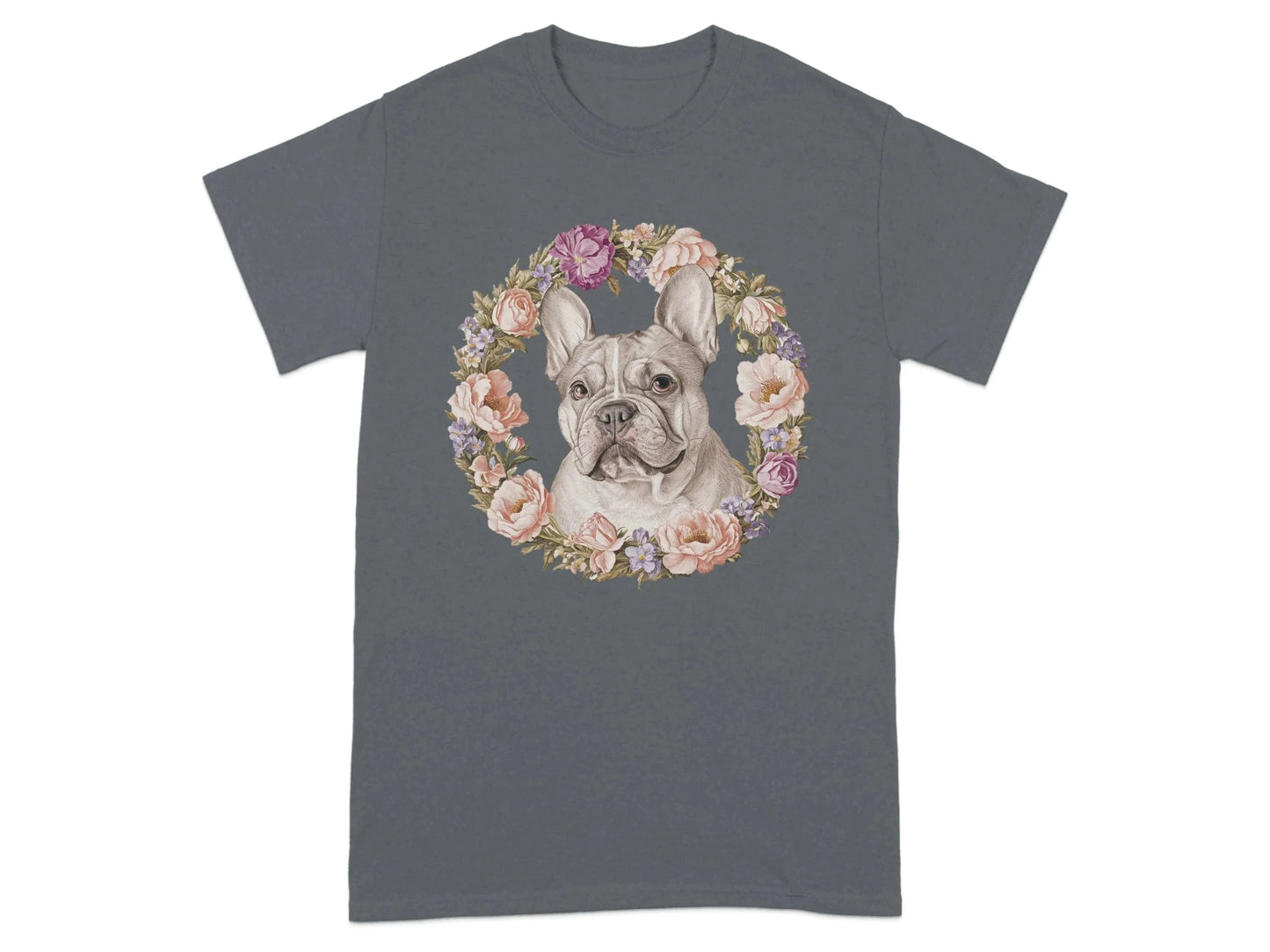French Bulldog Floral Wreath T-Shirts Charcoal T-shirt