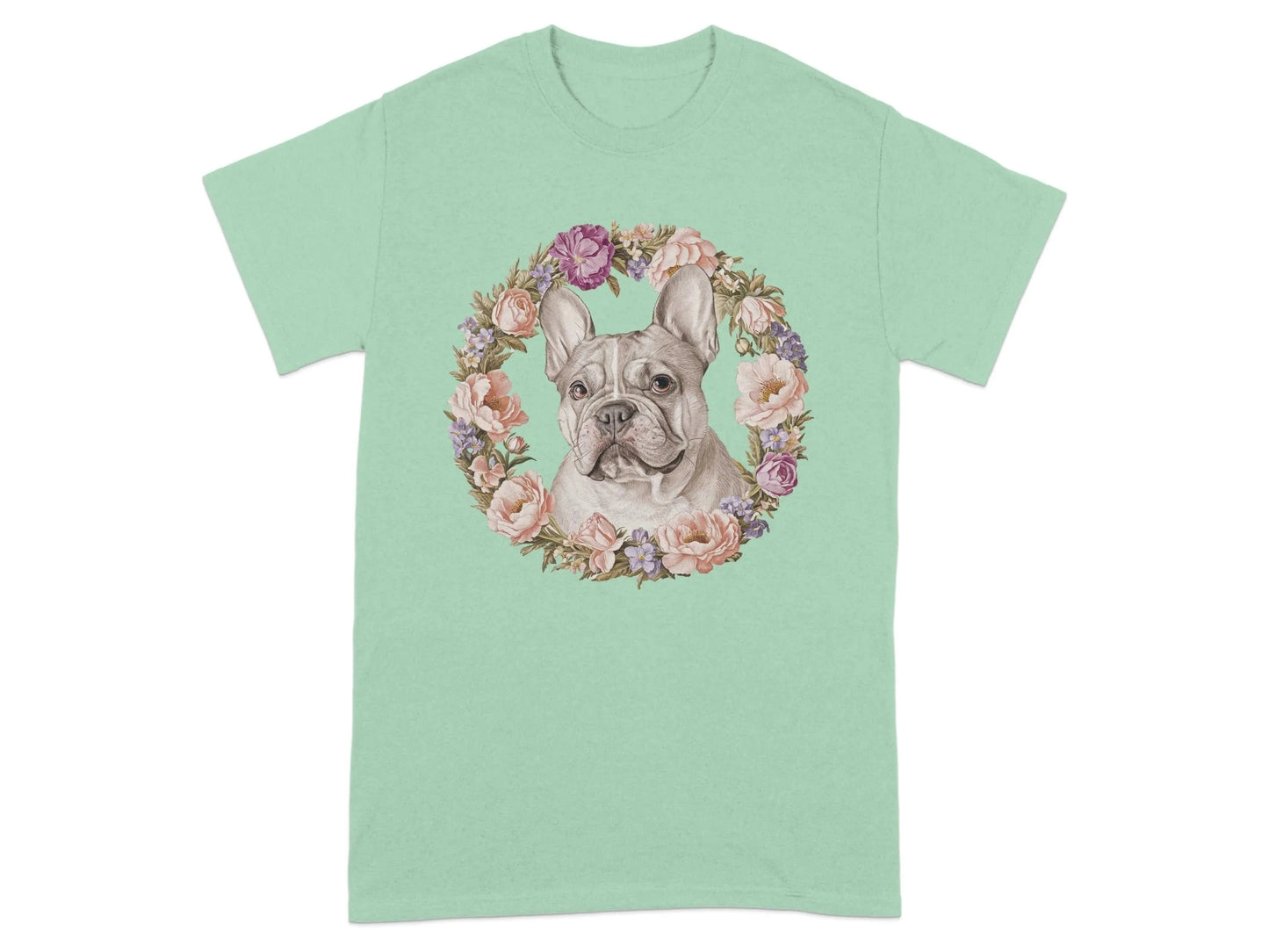 French Bulldog Floral Wreath T-Shirts Mint Green T-shirt