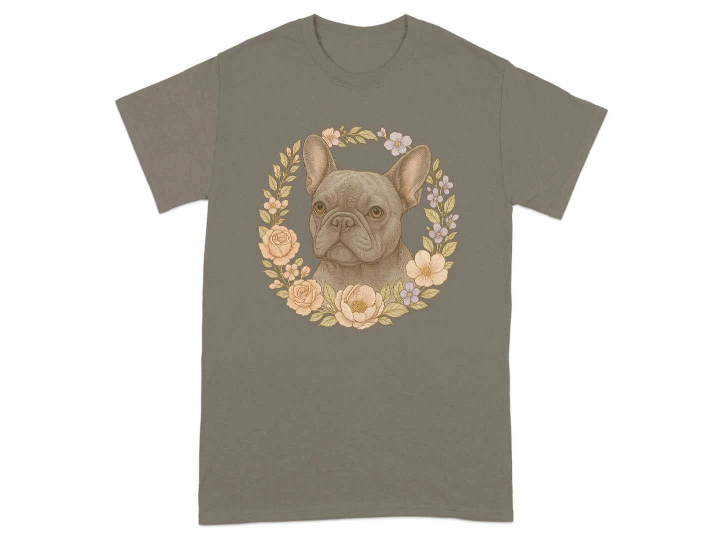 French Bulldog With Floral Wreath Pet Portrait T-Shirts T-shirt