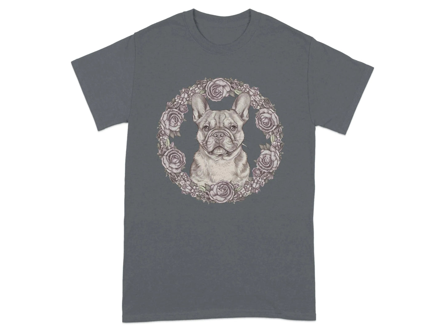 French Bulldog with Floral Wreath Design T-Shirts Charcoal T-shirt