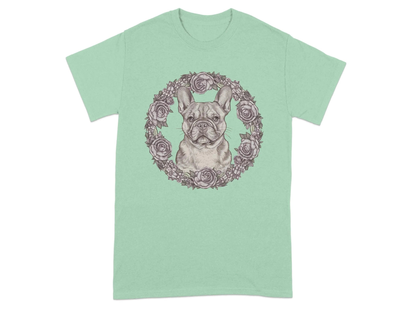 French Bulldog with Floral Wreath Design T-Shirts Mint Green T-shirt