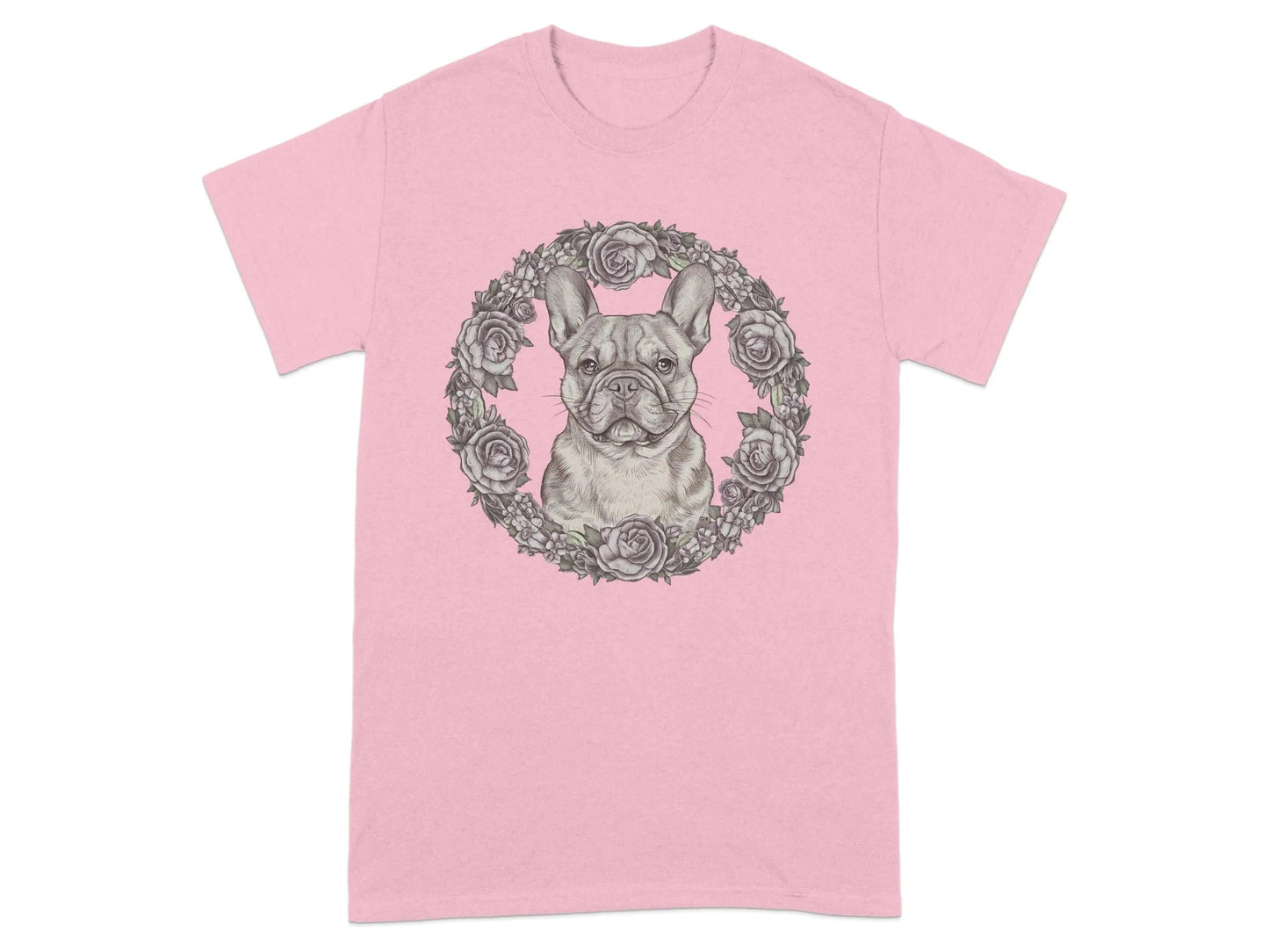 French Bulldog with Floral Wreath Design T-Shirts Light Pink T-shirt