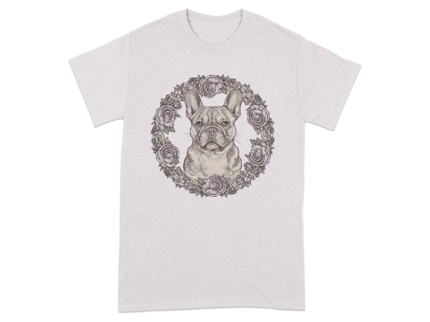 French Bulldog with Floral Wreath Design T-Shirts Ice Grey T-shirt