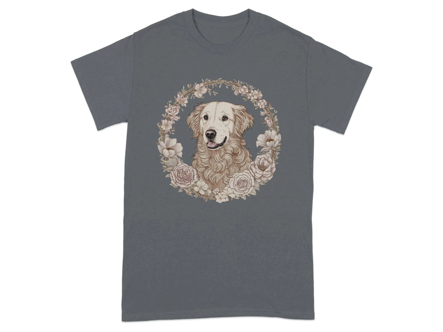 Golden Retriever Floral Wreath Dog Print T-Shirts Charcoal T-shirt