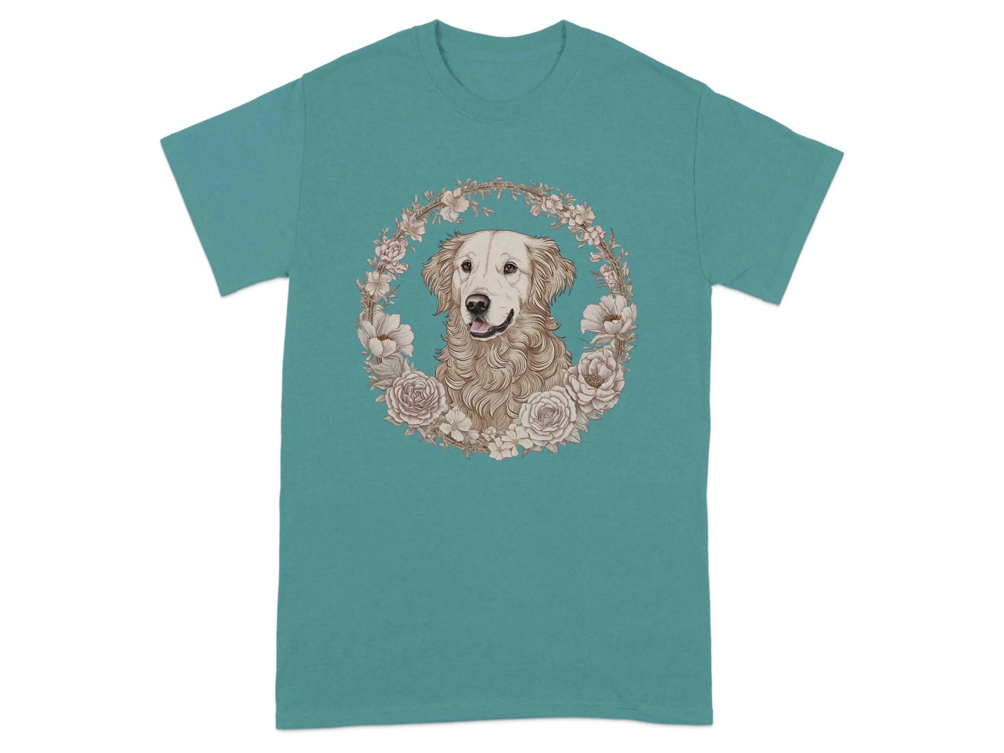 Golden Retriever Floral Wreath Dog Print T-Shirts Antique Jade Dome T-shirt