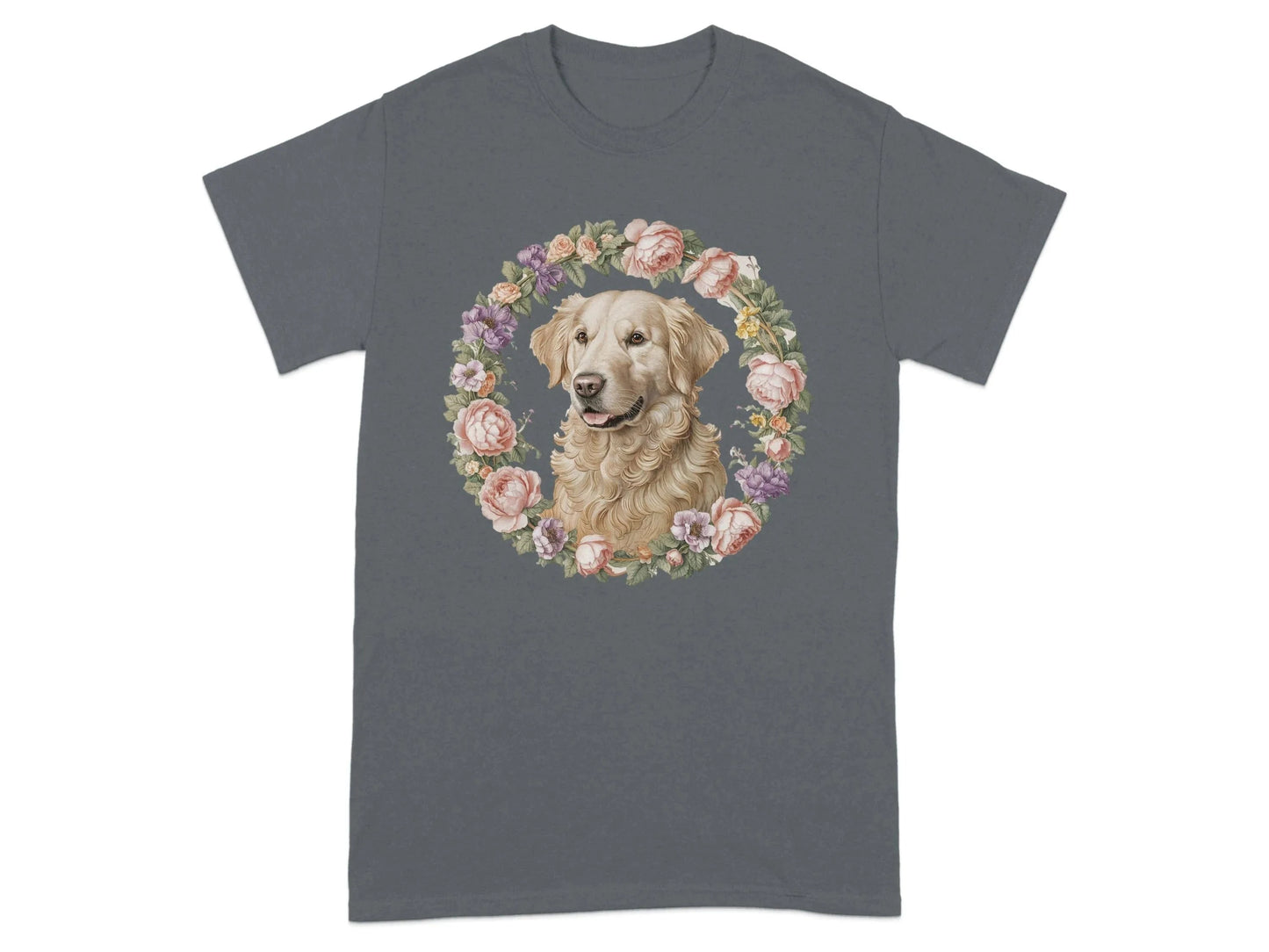 Golden Retriever Floral Wreath T-Shirts Charcoal T-shirt