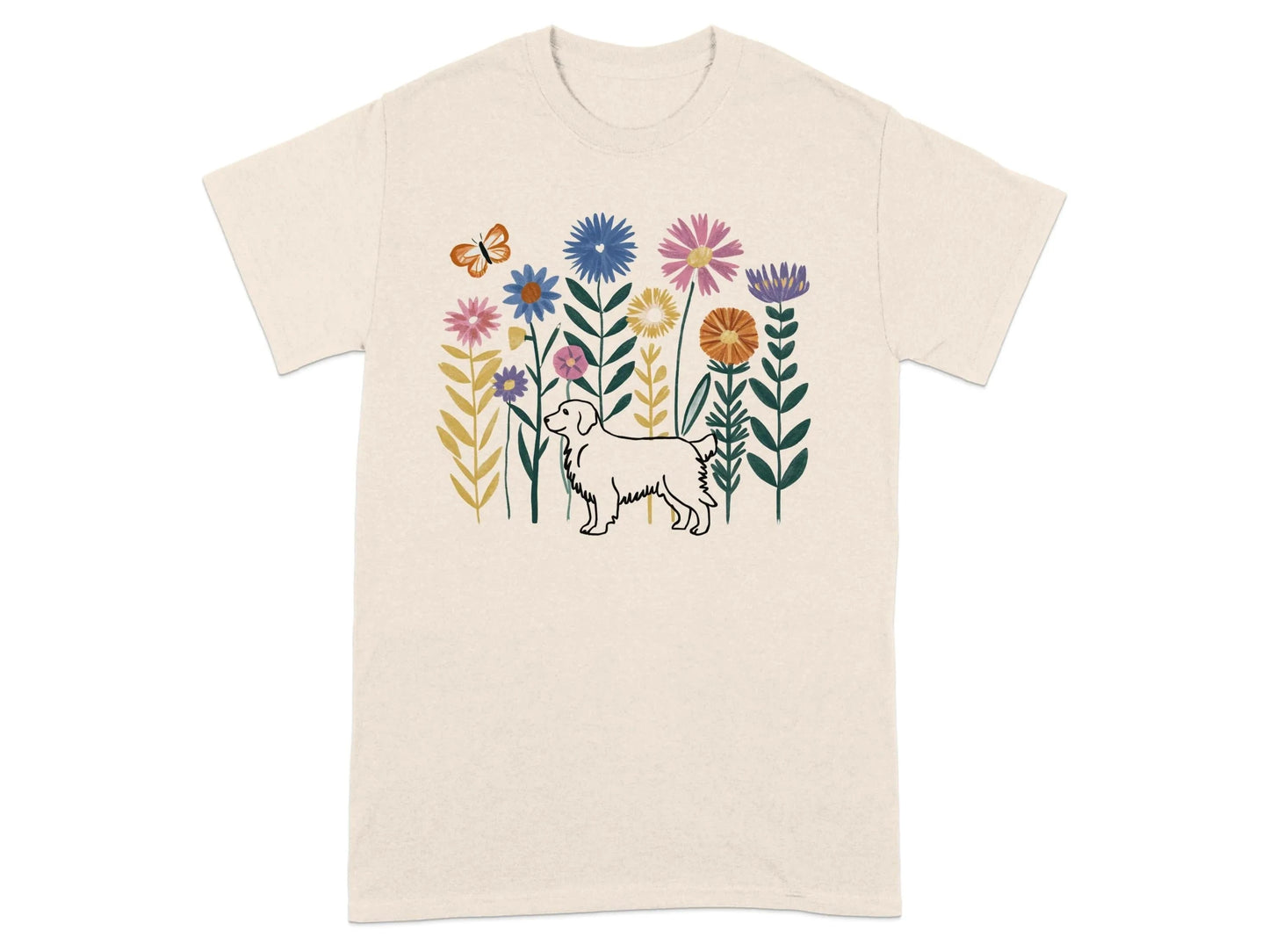 Golden Retriever and Colorful Floral Garden T-Shirts Natural T-shirt