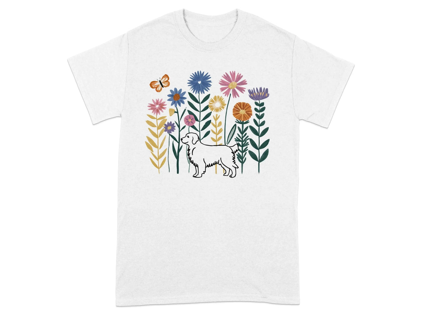 Golden Retriever and Colorful Floral Garden T-Shirts White T-shirt