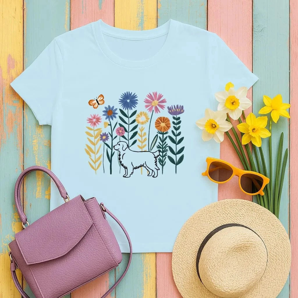 Golden Retriever and Colorful Floral Garden T-Shirts T-shirt