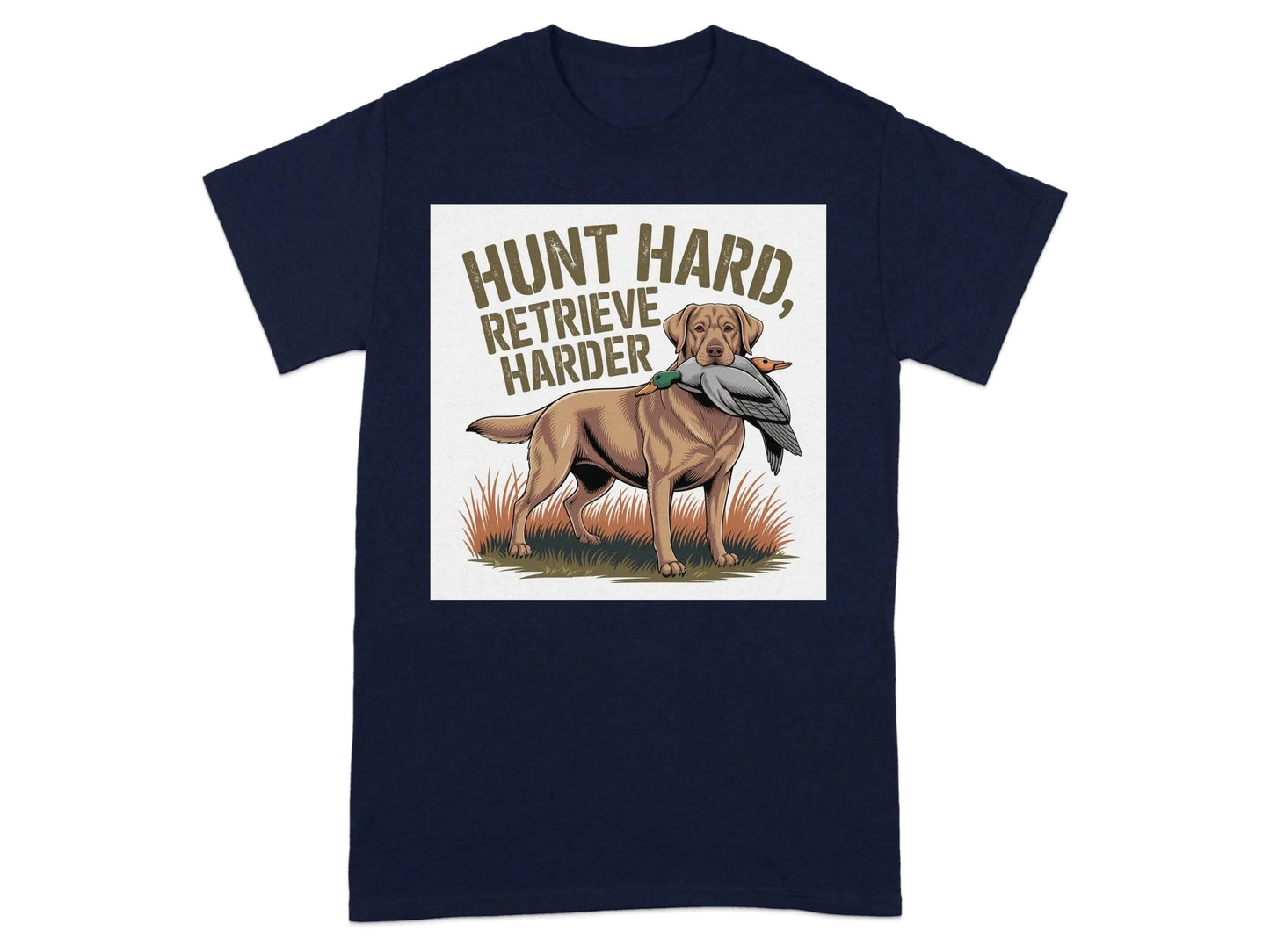 Hunt Hard Retrieve Harder Yellow Lab T-Shirts Navy Blue T-shirt