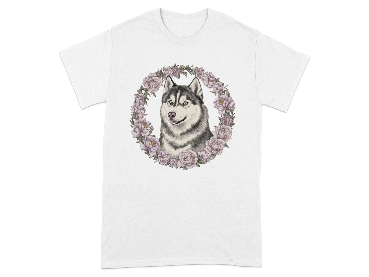 Husky Dog with Floral Wreath T-Shirts White T-shirt