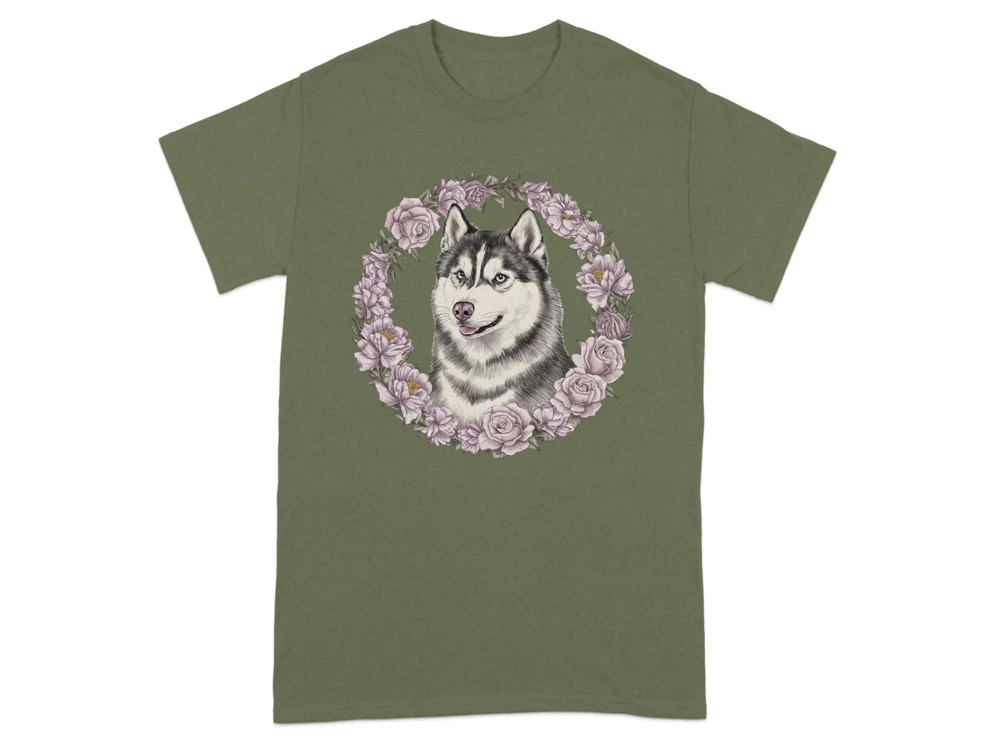 Husky Dog with Floral Wreath T-Shirts Military Green T-shirt