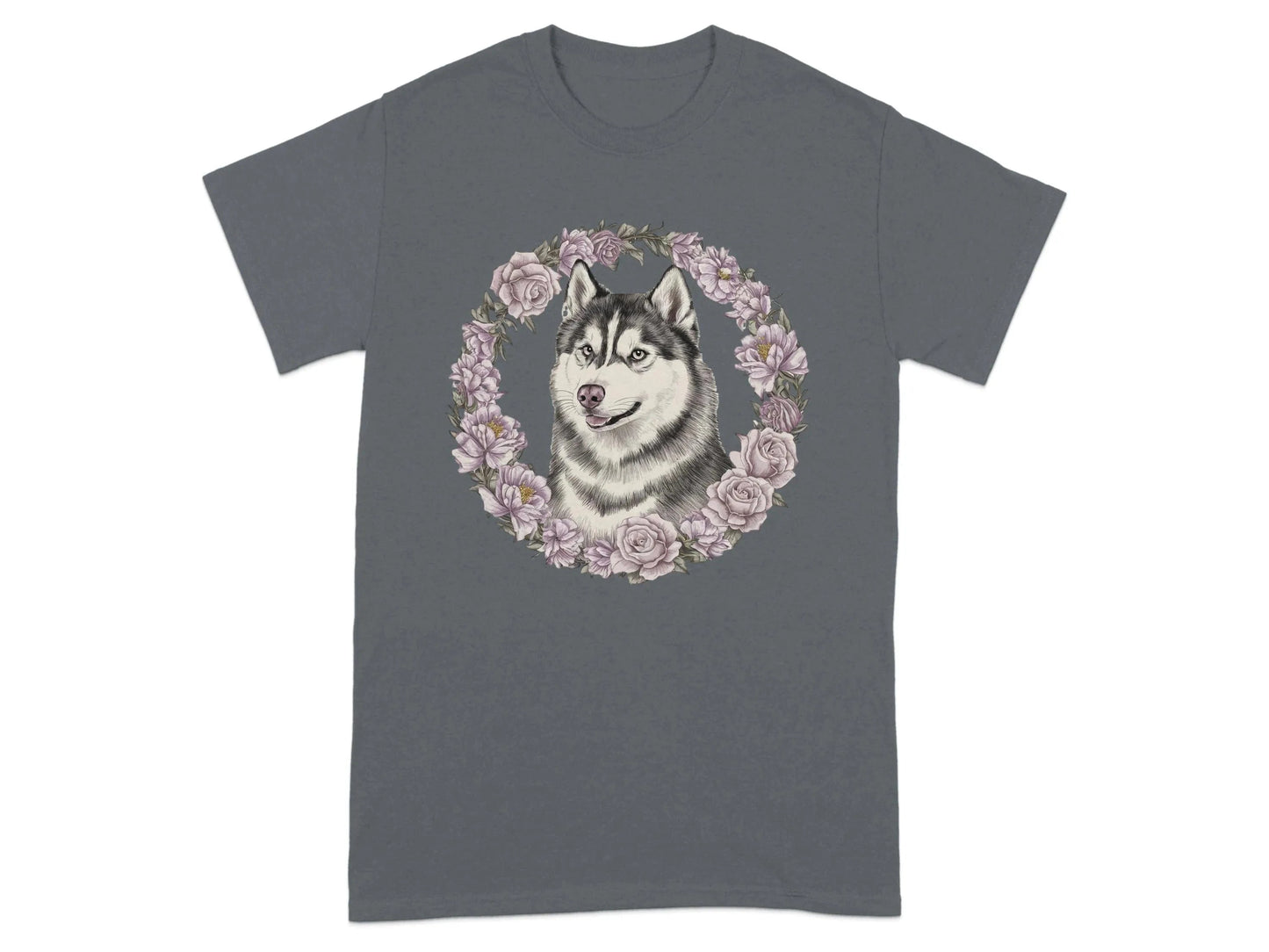 Husky Dog with Floral Wreath T-Shirts Charcoal T-shirt