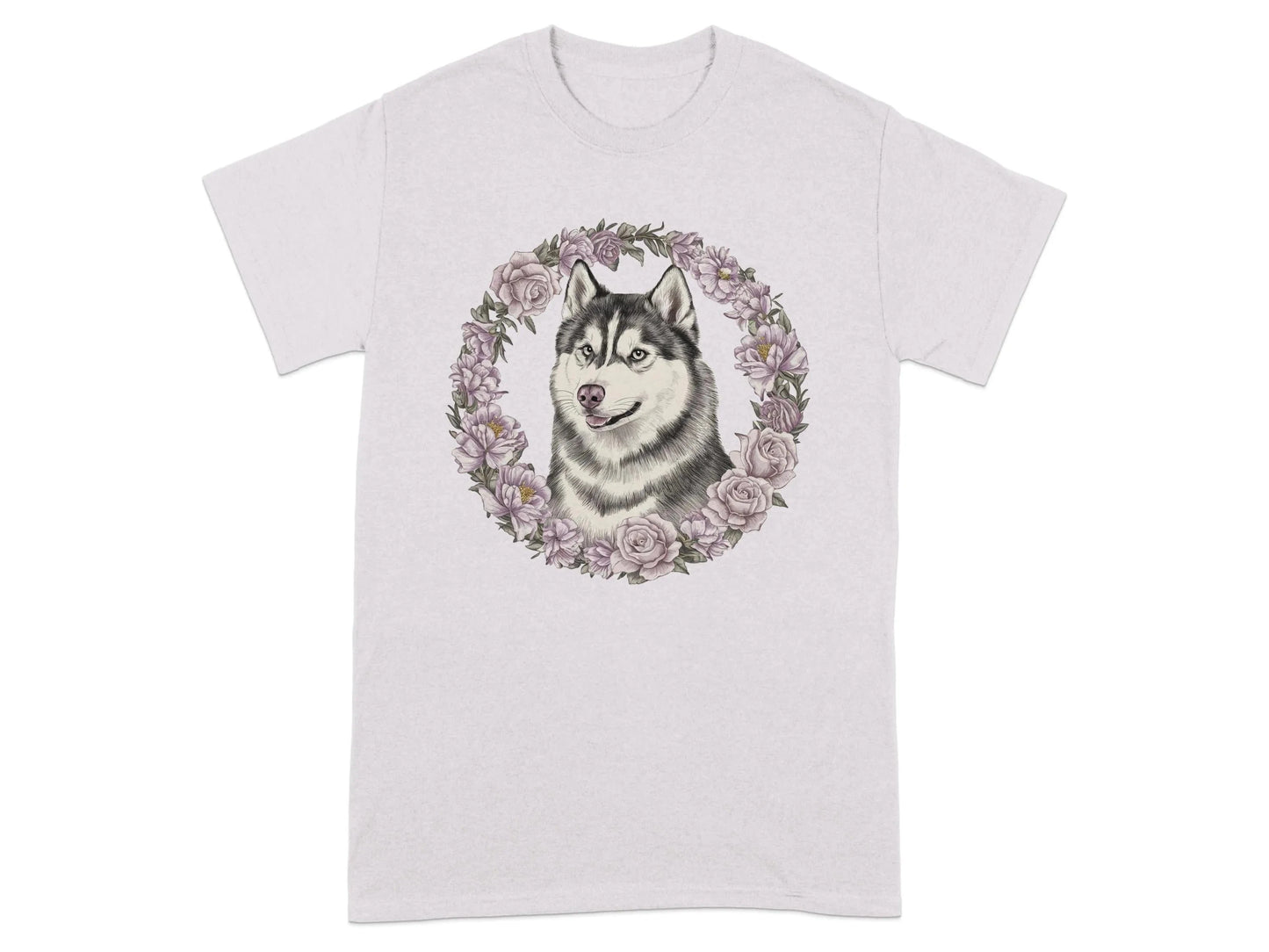 Husky Dog with Floral Wreath T-Shirts Ice Grey T-shirt