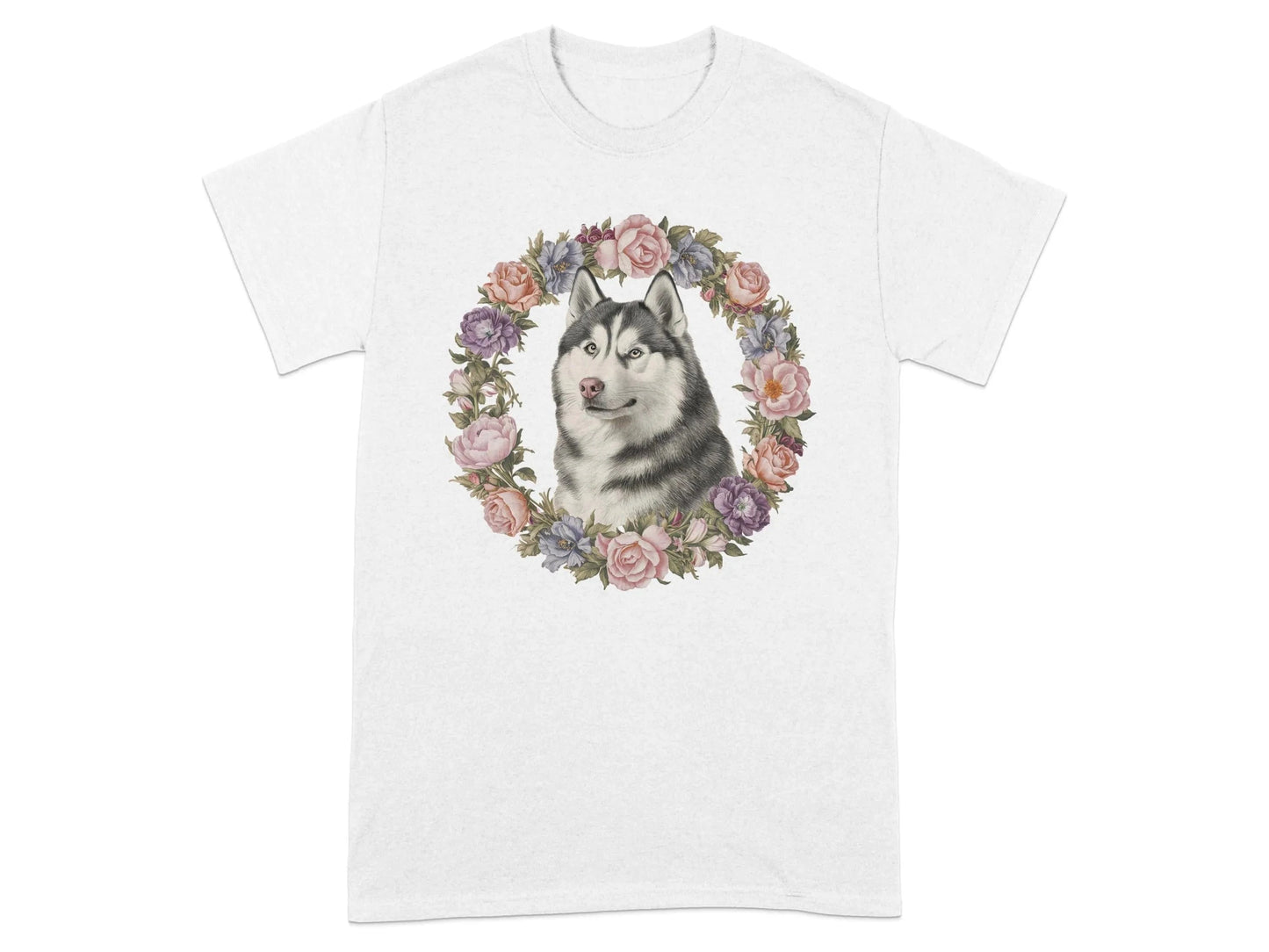 Husky Floral Wreath T-Shirts White T-shirt
