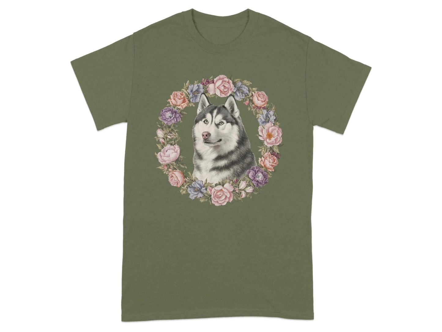 Husky Floral Wreath T-Shirts Military Green T-shirt