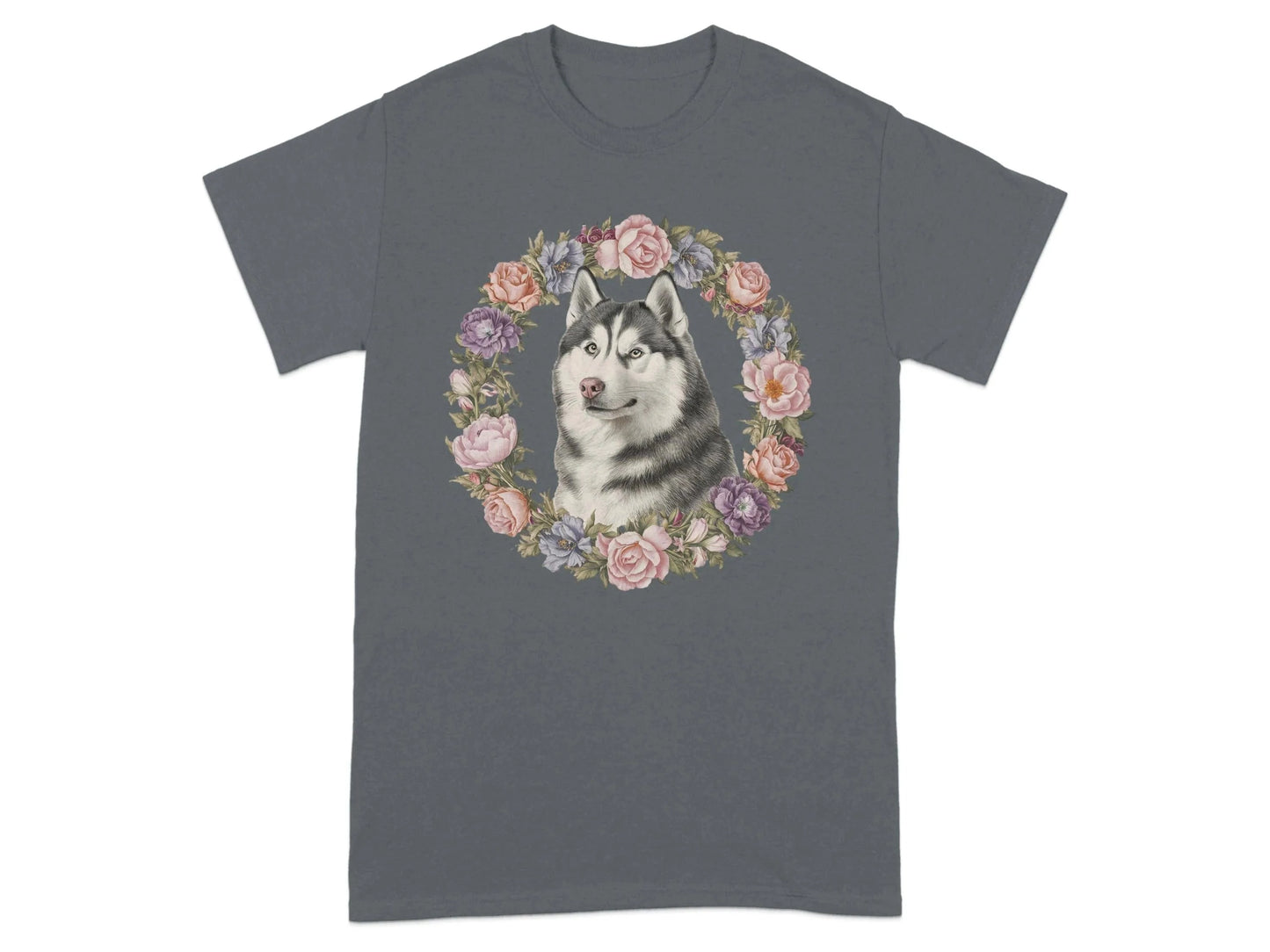 Husky Floral Wreath T-Shirts Charcoal T-shirt