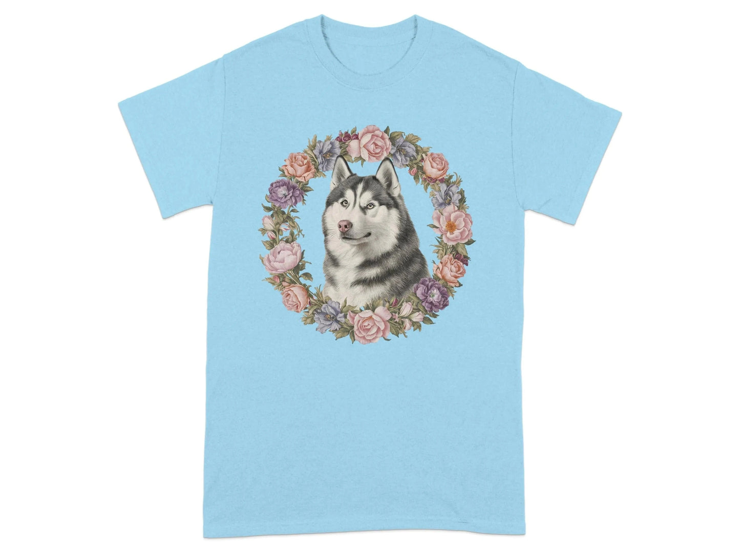 Husky Floral Wreath T-Shirts Sky T-shirt