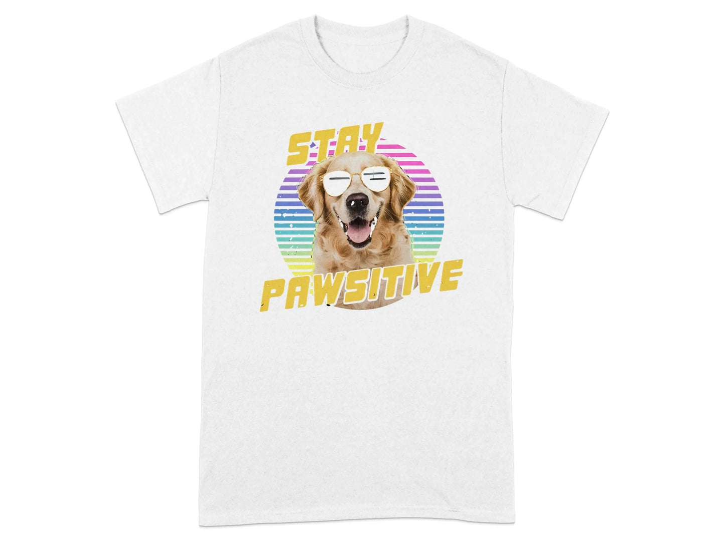 Stay Pawsitive Rainbow Dog Printed T-Shirts White T-shirt