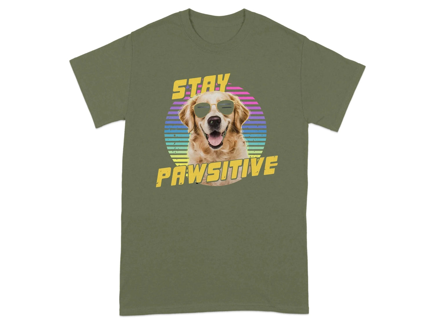 Stay Pawsitive Rainbow Dog Printed T-Shirts Military Green T-shirt