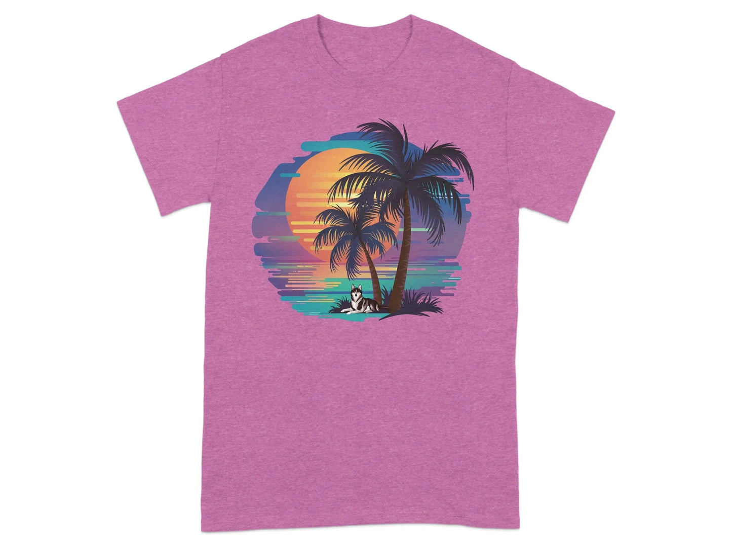 Sunset Beach Vibes with Husky Dog Palm Trees T-Shirts Heather Radiant Orchid T-shirt