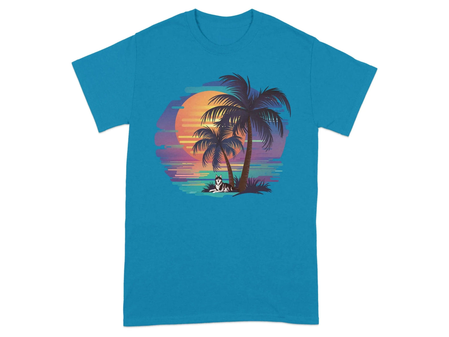 Sunset Beach Vibes with Husky Dog Palm Trees T-Shirts Antique Sapphire T-shirt