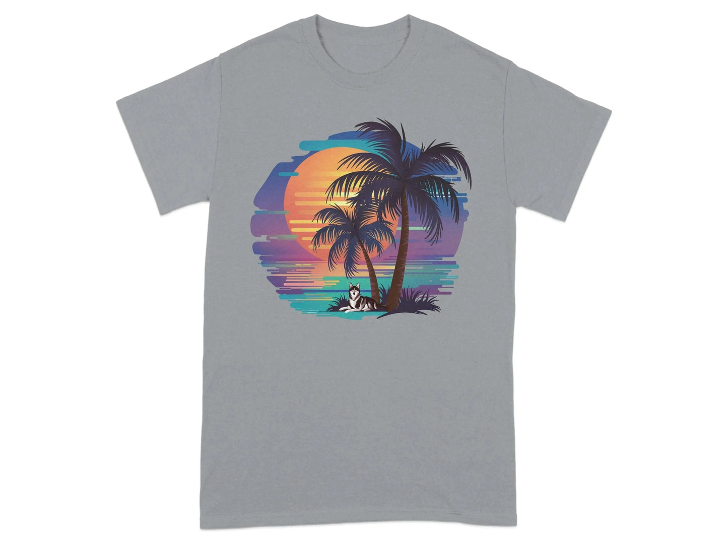 Sunset Beach Vibes with Husky Dog Palm Trees T-Shirts Gravel T-shirt