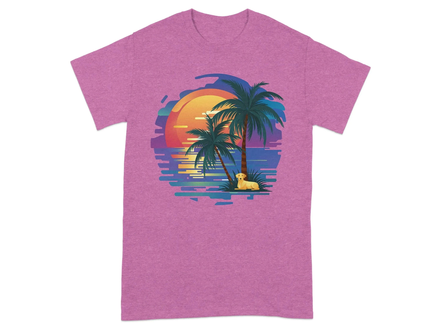 Tropical Sunset Artwork with Palm Trees and Relaxing Dog T-Shirts Heather Radiant Orchid T-shirt