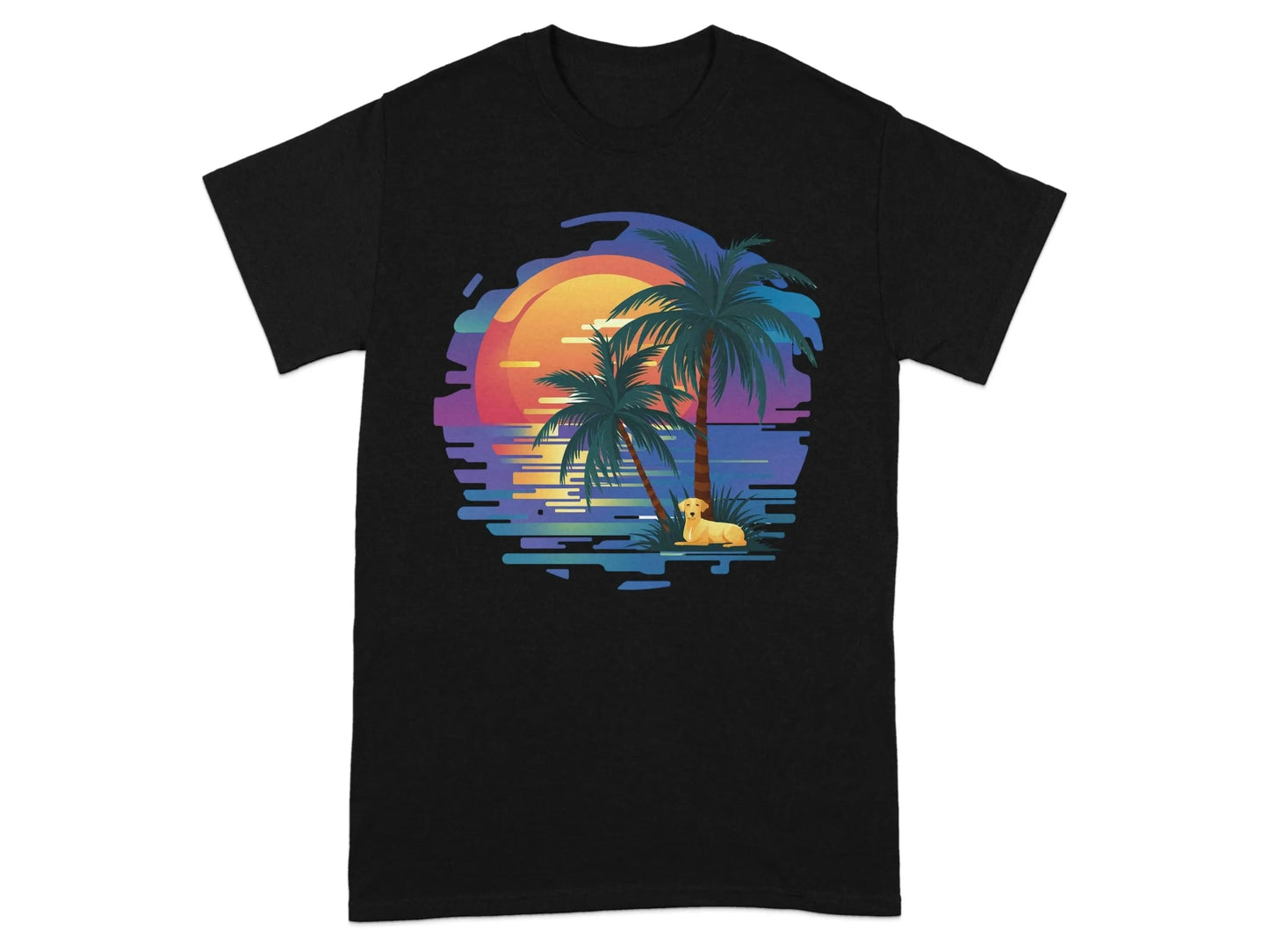 Tropical Sunset Artwork with Palm Trees and Relaxing Dog T-Shirts Black T-shirt