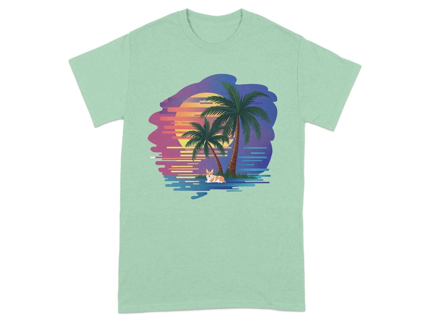 Tropical Sunset Corgi Design Relaxing Summer Vibes T-Shirts Mint Green T-shirt