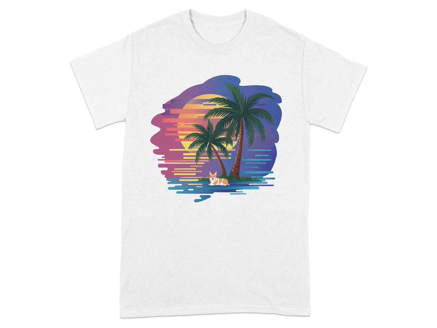 Tropical Sunset Corgi Design Relaxing Summer Vibes T-Shirts White T-shirt