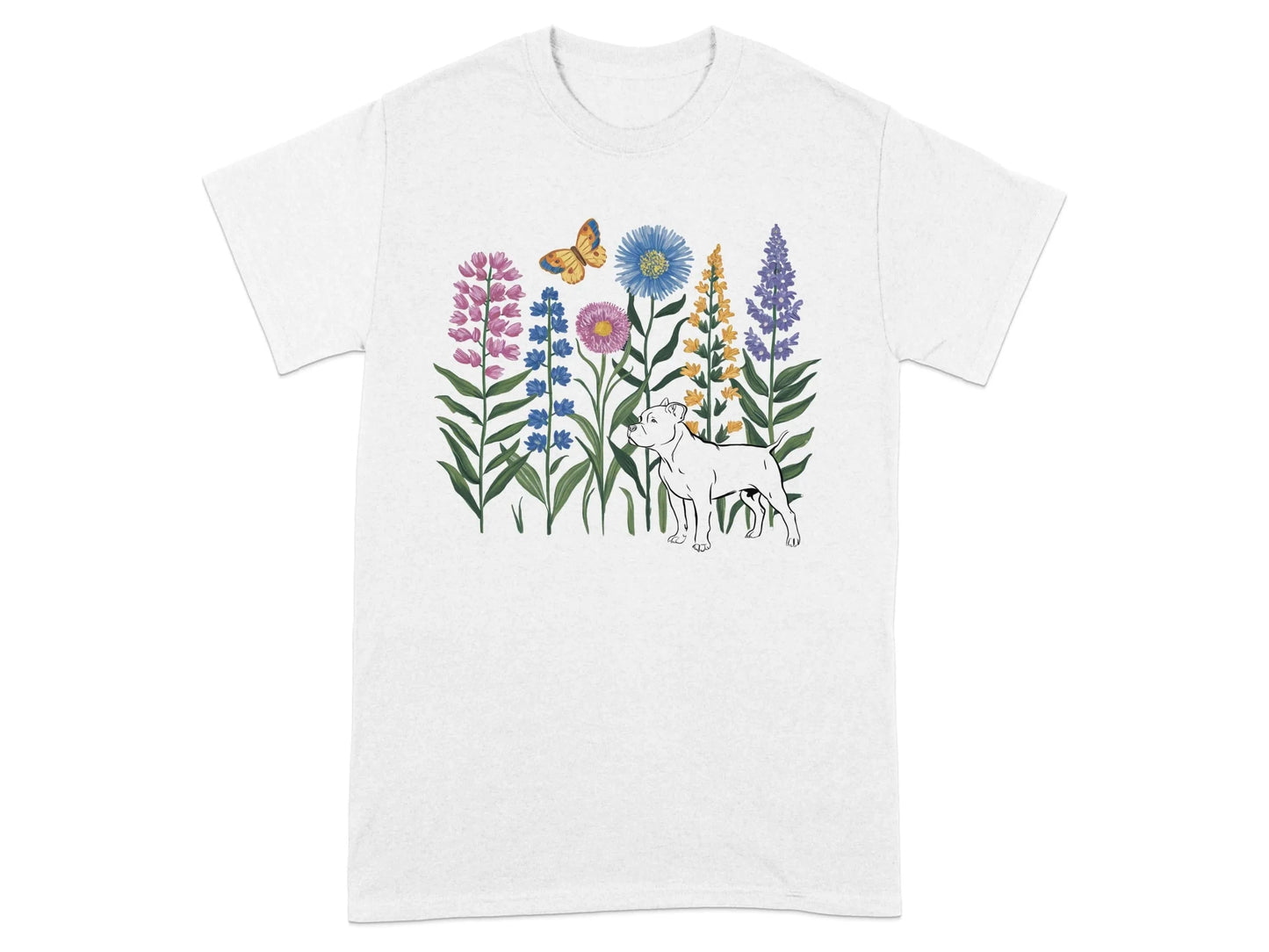 Unique Floral Dog and Butterfly Printed T-Shirts White T-shirt