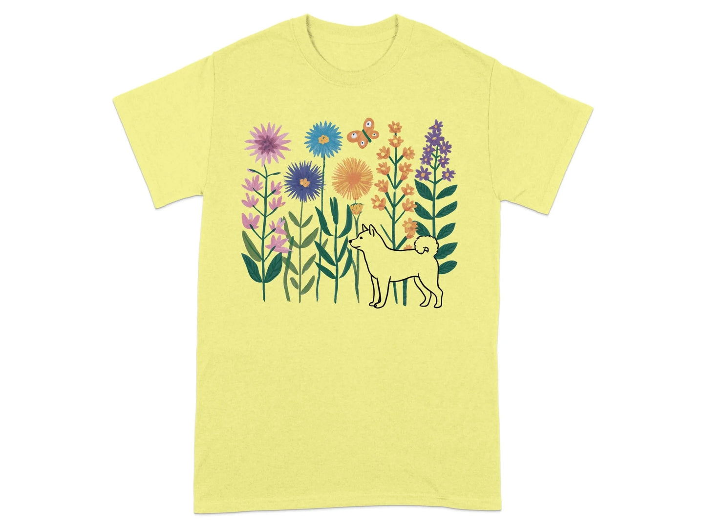 Vibrant Floral and Shiba Inu T-Shirts Cornsilk T-shirt