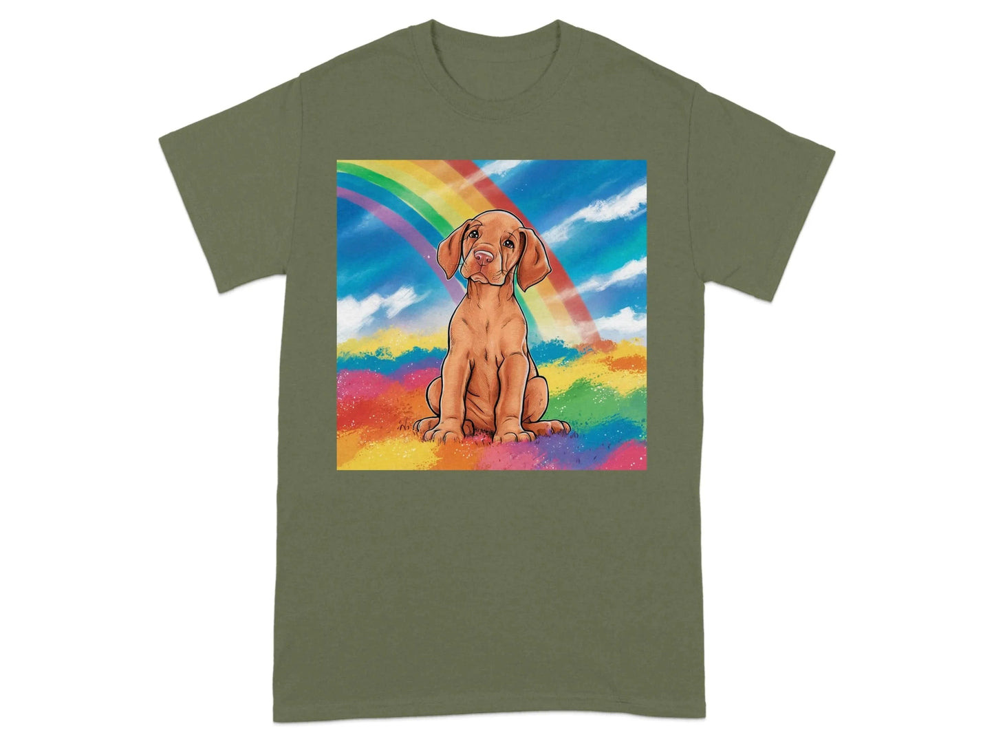 Vibrant Rainbow Vizsla Puppy T-Shirts Military Green T-shirt