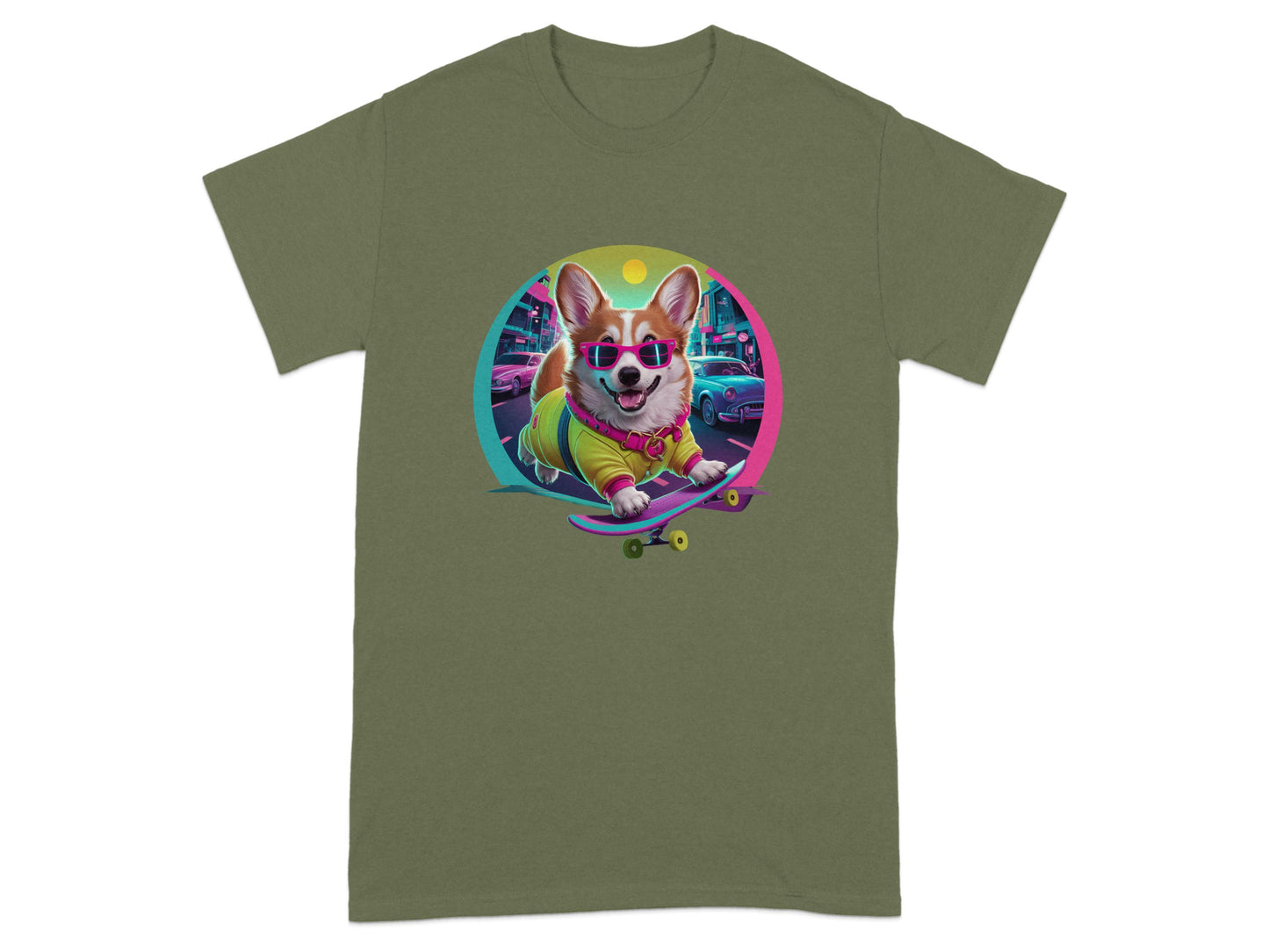 Corgi Skateboarding Graphic on Green Tee Shirt product type
