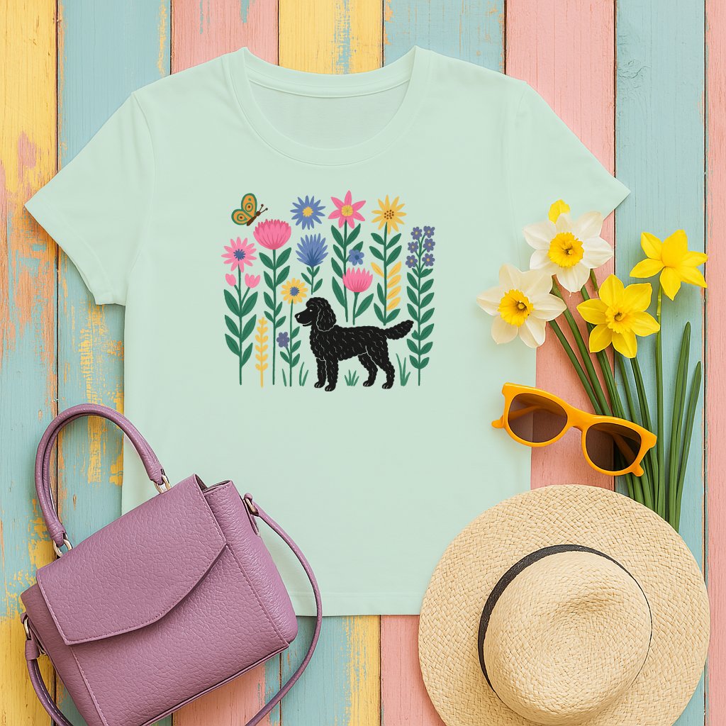 Colorful Flower Garden with Black Dog Graphic T-Shirt product type
