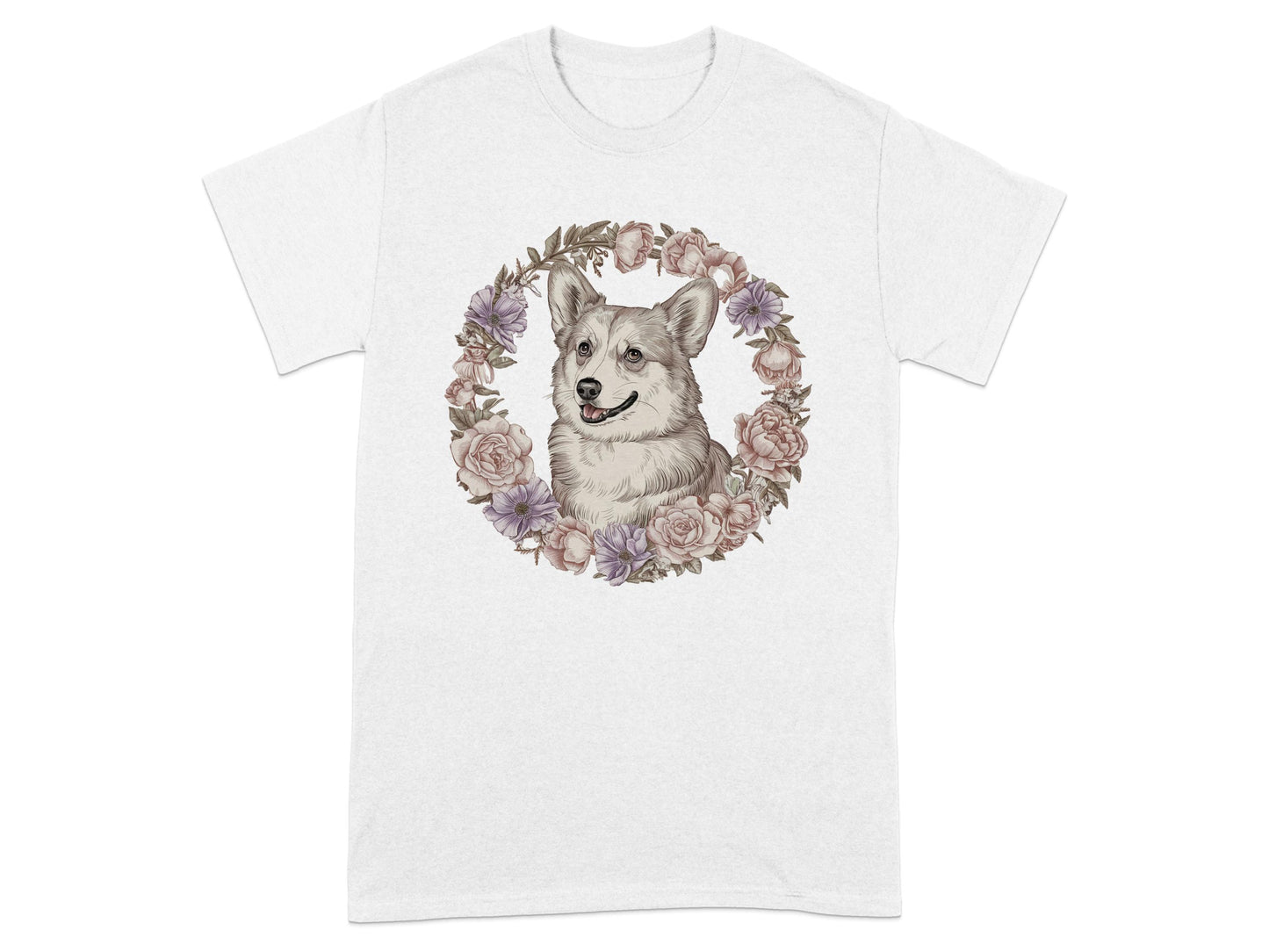 Beautifully Illustrated Floral Puppy on White T-Shirt product type
