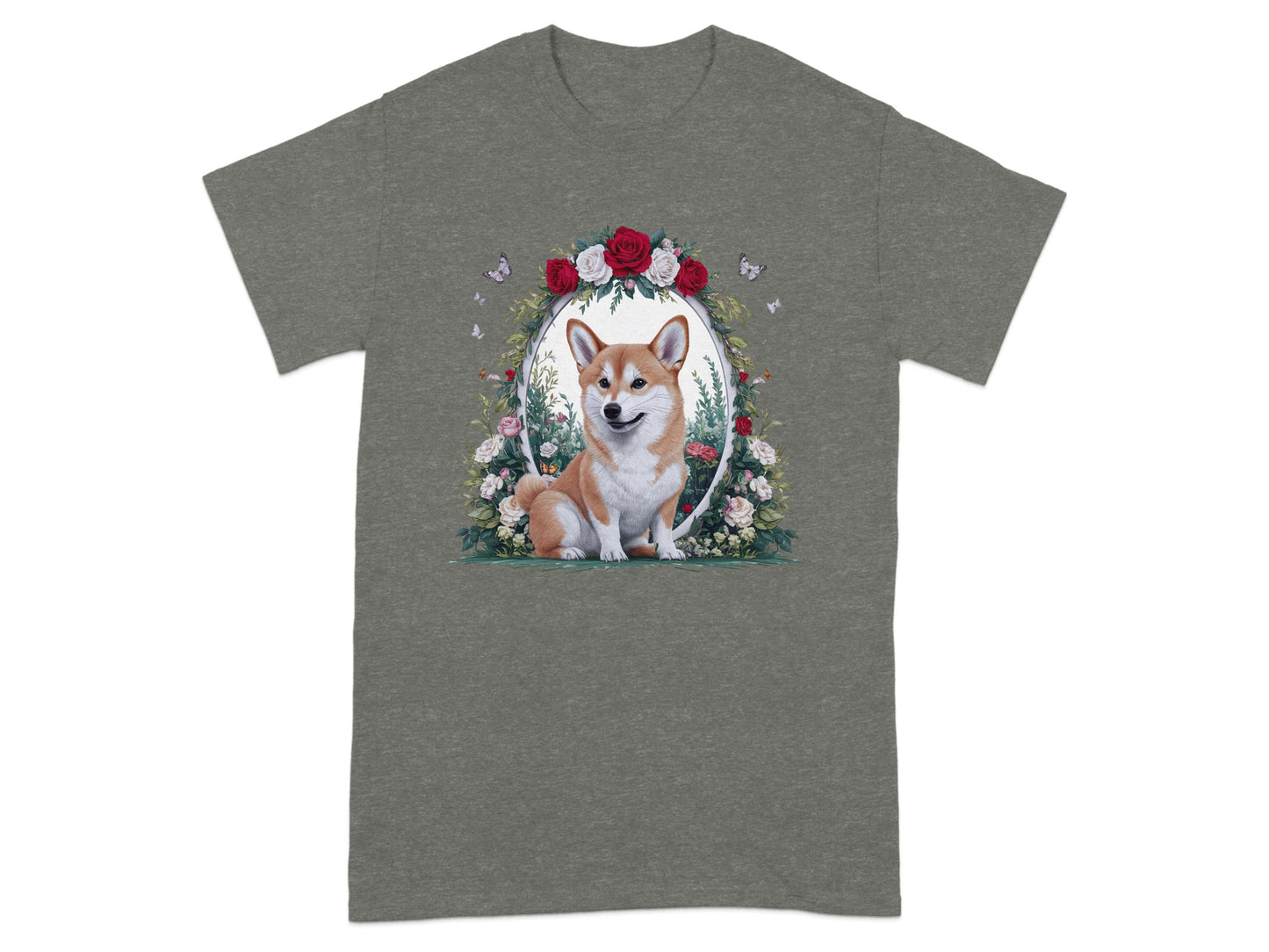 Cute Corgi and Roses Graphic on Green T-shirt product type