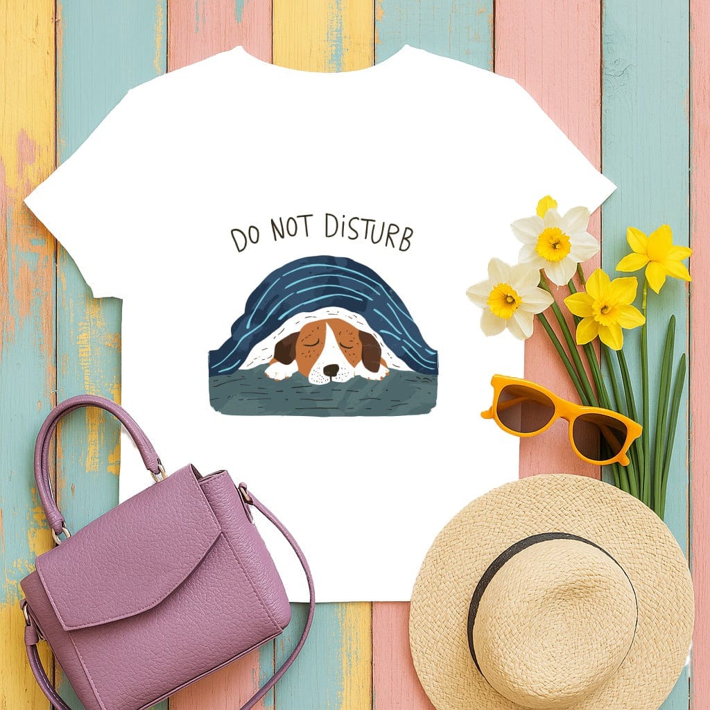 Cute Sleepy Dog with Do Not Disturb Sign T-shirt product
