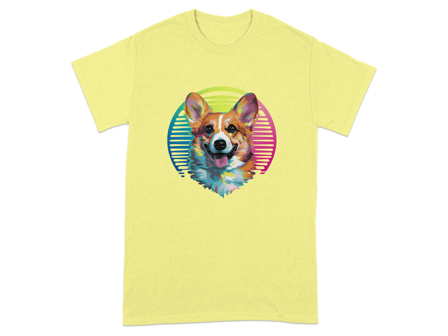 Colorful Corgi Graphic Design on Yellow T-shirt product type