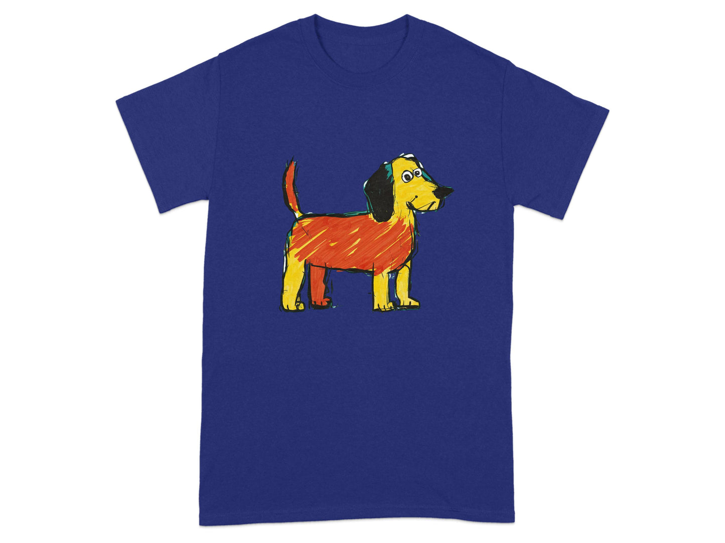 Colorful cartoon dog design on blue shirt product