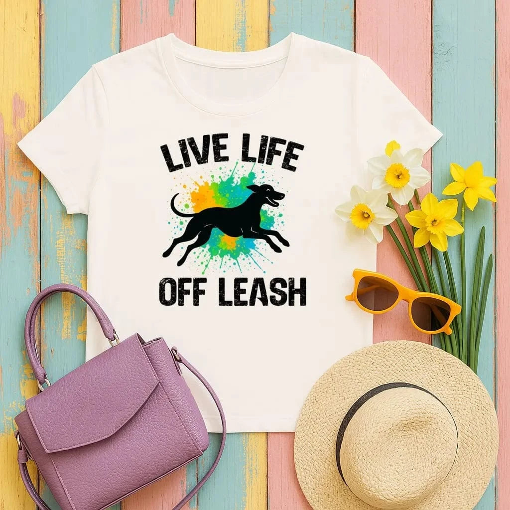Live Life Off Leash Running Dog Silhouette Graphic T-Shirt Natural T-shirt