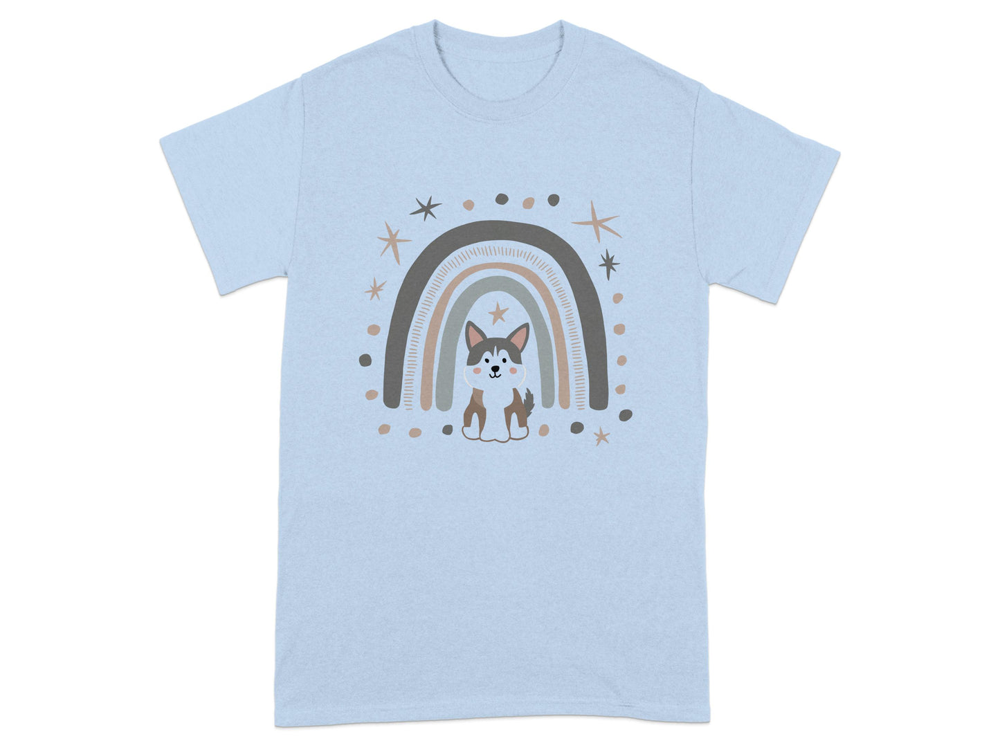 Cute Dog and Rainbow Graphic on Light Blue T-Shirt product type