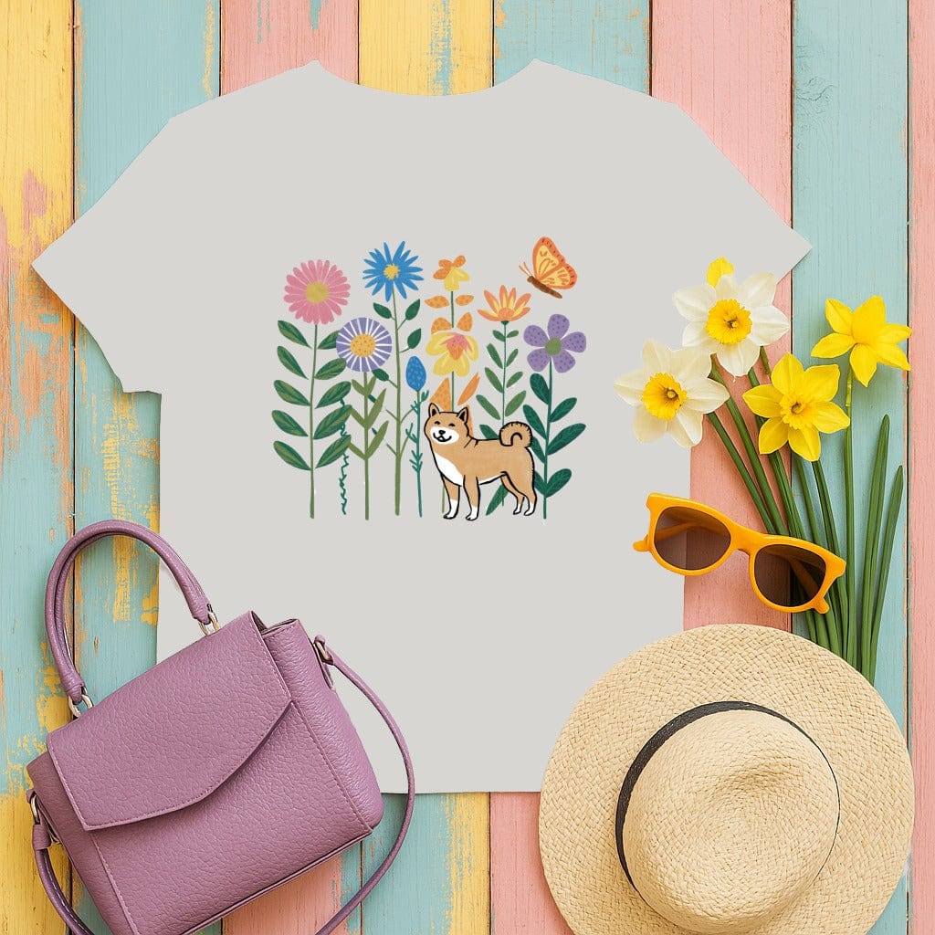 Floral Garden and Dog Design T-shirt product type
