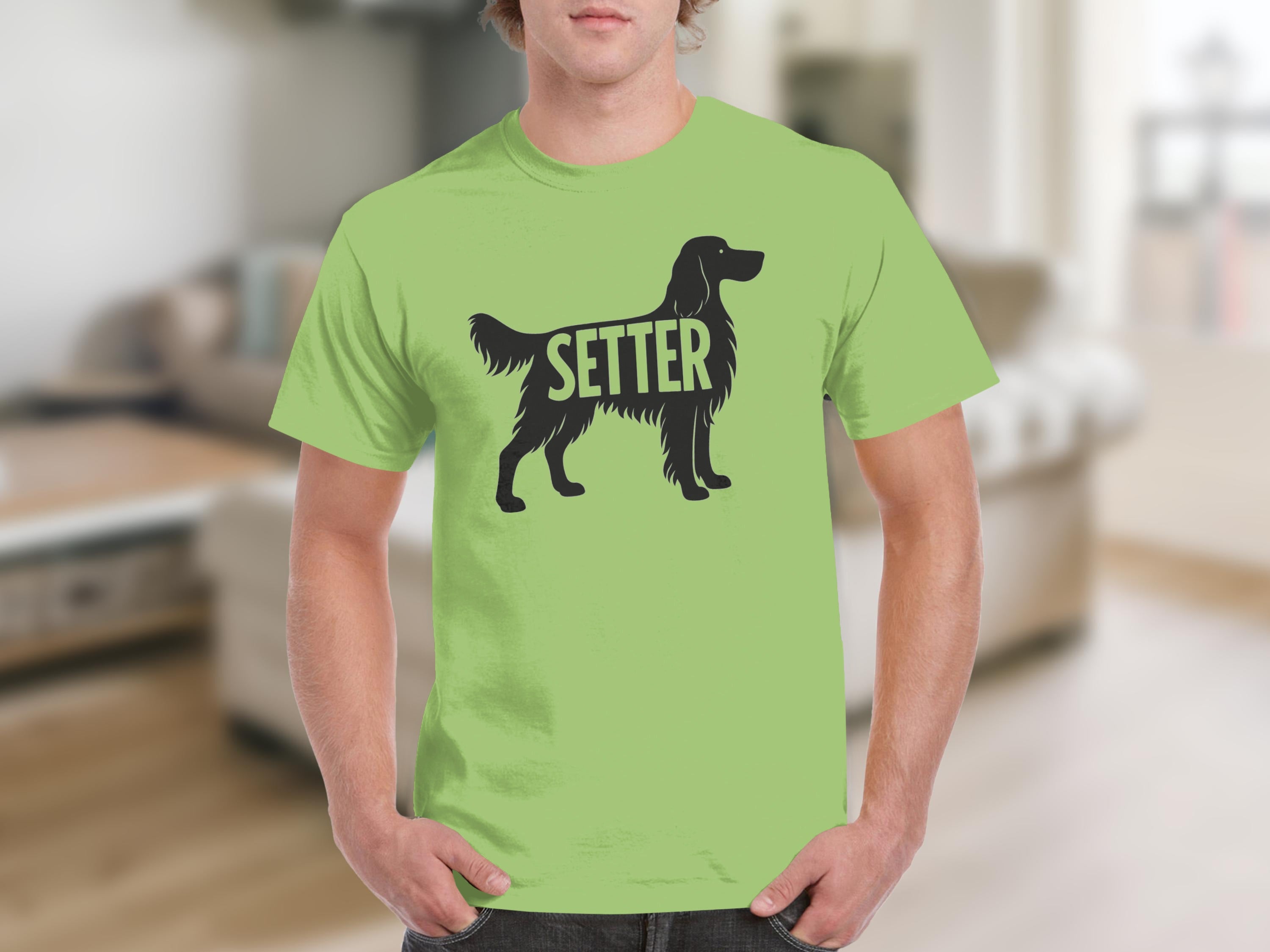 Light green t-shirt with black silhouette of a setter dog and the word "SETTER".