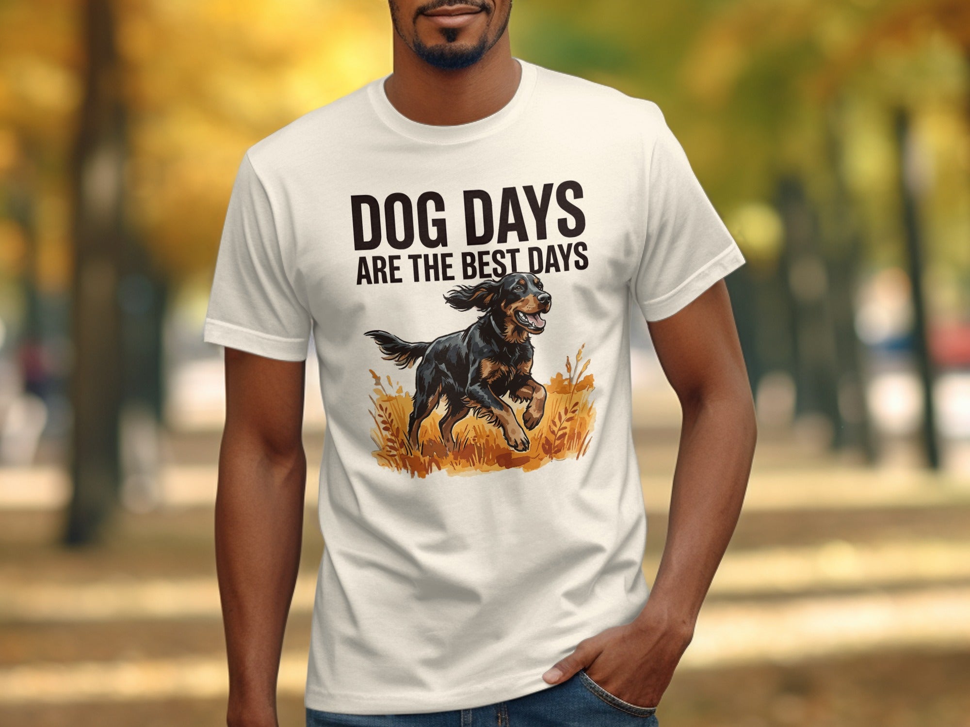 White t-shirt with "DOG DAYS ARE THE BEST DAYS" and a dog running in grass.